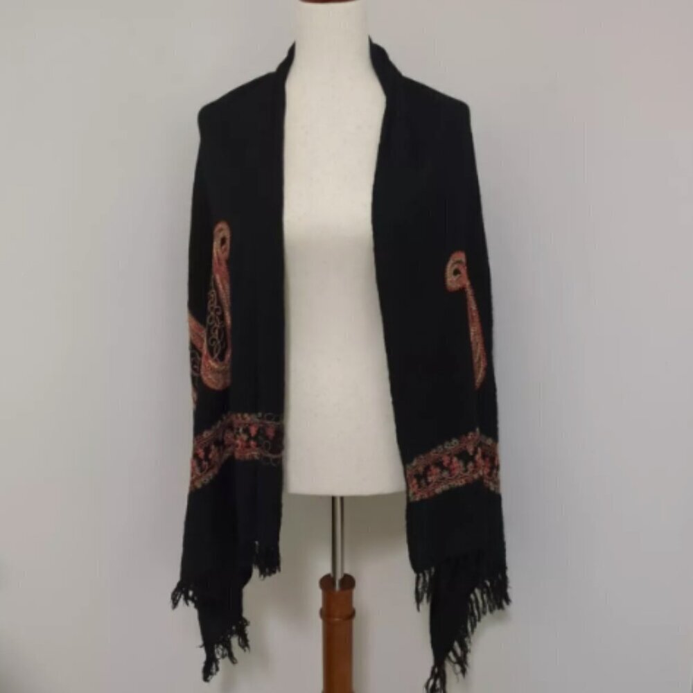 MoMA Black & Multicolor Wool Fringed Shawl, 30x68, EUC